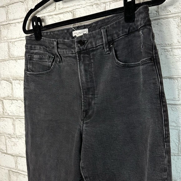 Good American Jeans Good Classic Straight Leg High Waist Ripped Stretch Black 10 - Picture 9 of 11